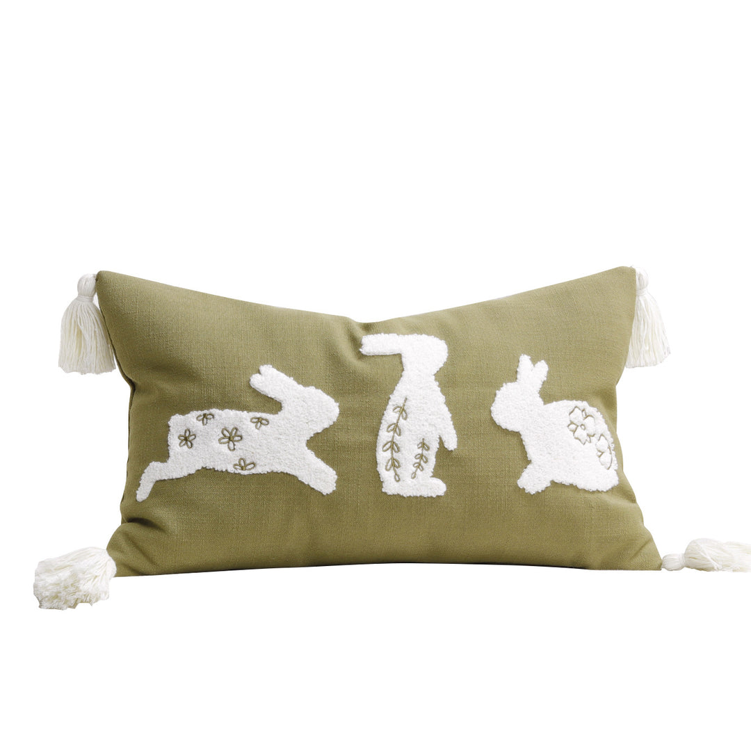 Decorative Lumbar Pillow Cover with Tufted Bunny Appliqués and Corner Tassels