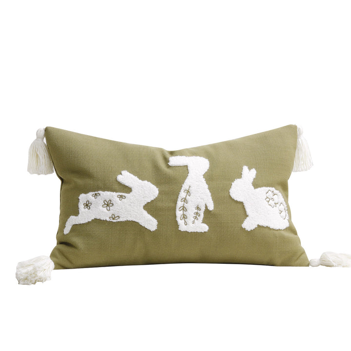 Decorative Lumbar Pillow Cover with Tufted Bunny Appliqués and Corner Tassels