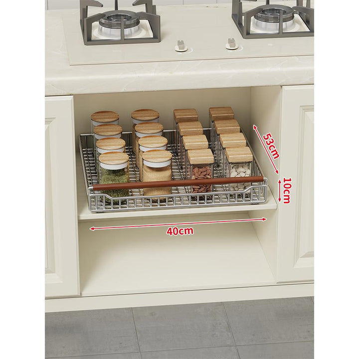 Pull-Out Sliding Under-Cabinet Wire Basket Organizer with Wooden Front Handle
