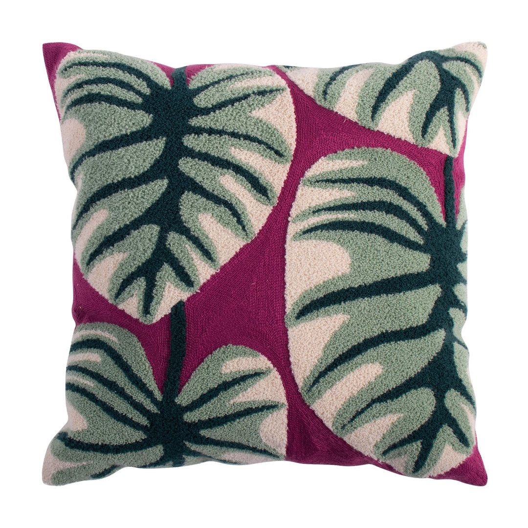 Woven decorative pillow cover with hand-tufted floral appliqués and bouclé relief