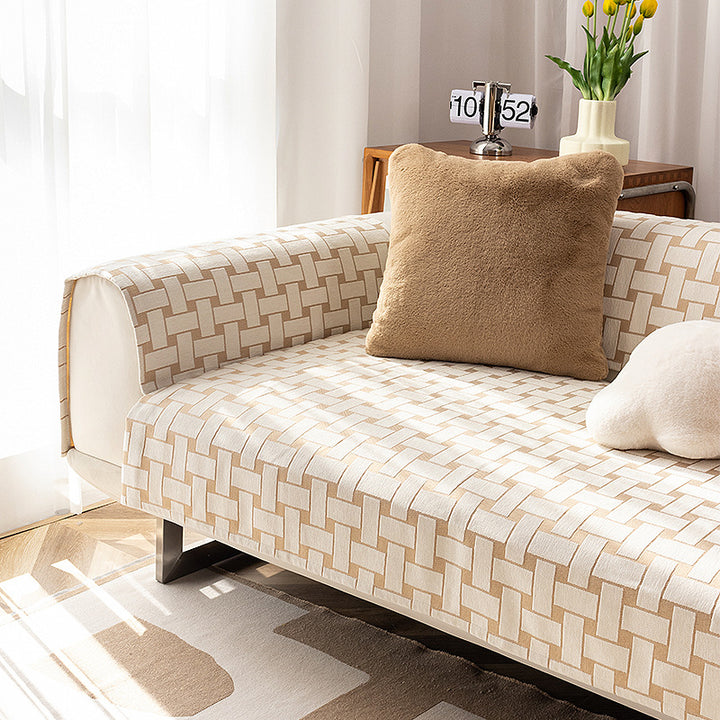 Three-seater sofa with geometric jacquard cover and sleek metal legs