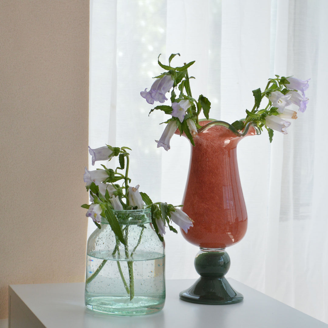 Hand-Blown Tall Flared-Wave Rim Sculptural Glass Vase on Stacked Orb Pedestal
