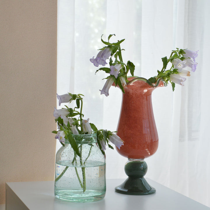 Hand-Blown Tall Flared-Wave Rim Sculptural Glass Vase on Stacked Orb Pedestal