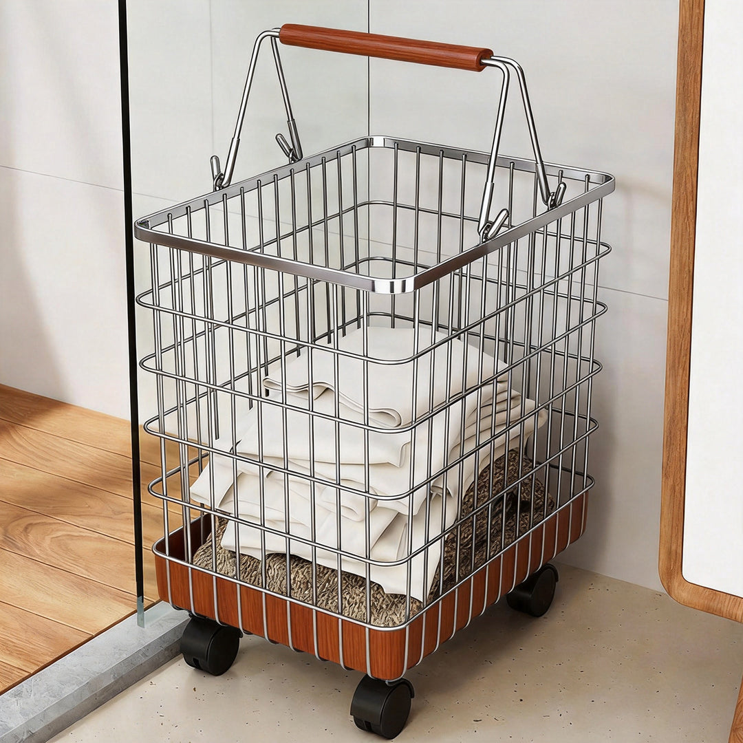 Ventilated Square Wire Laundry Cart with Wood-Grip Handles and Locking Casters