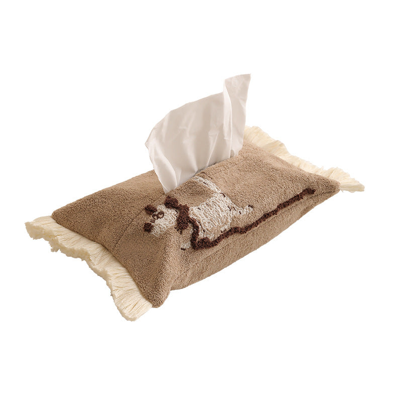 Plush tissue box cover with llama embroidery and decorative fringes