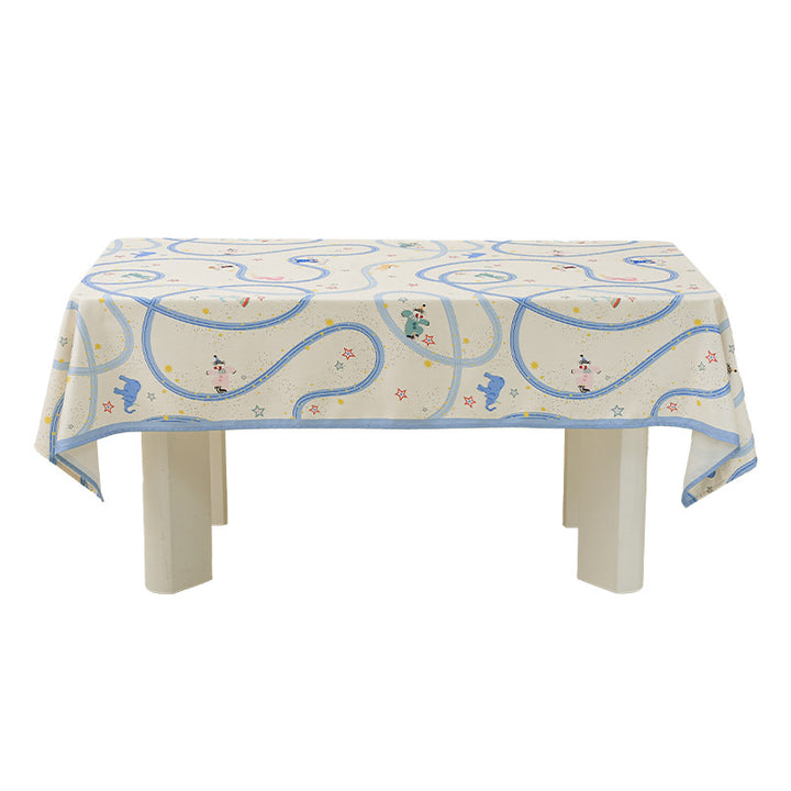 Rectangular cotton blend tablecloth with playful stripe and animal print