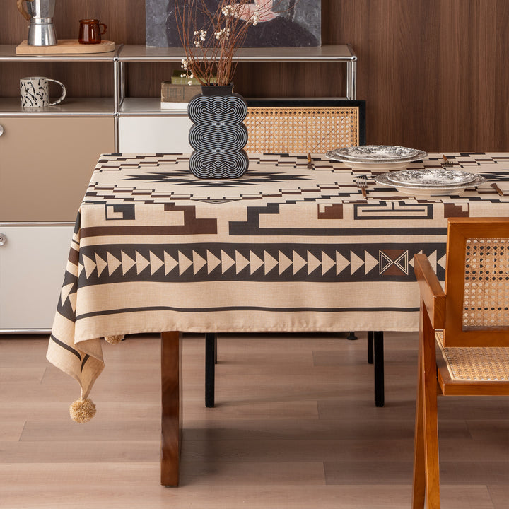 Rectangular tablecloth in linen look with pompom tassels