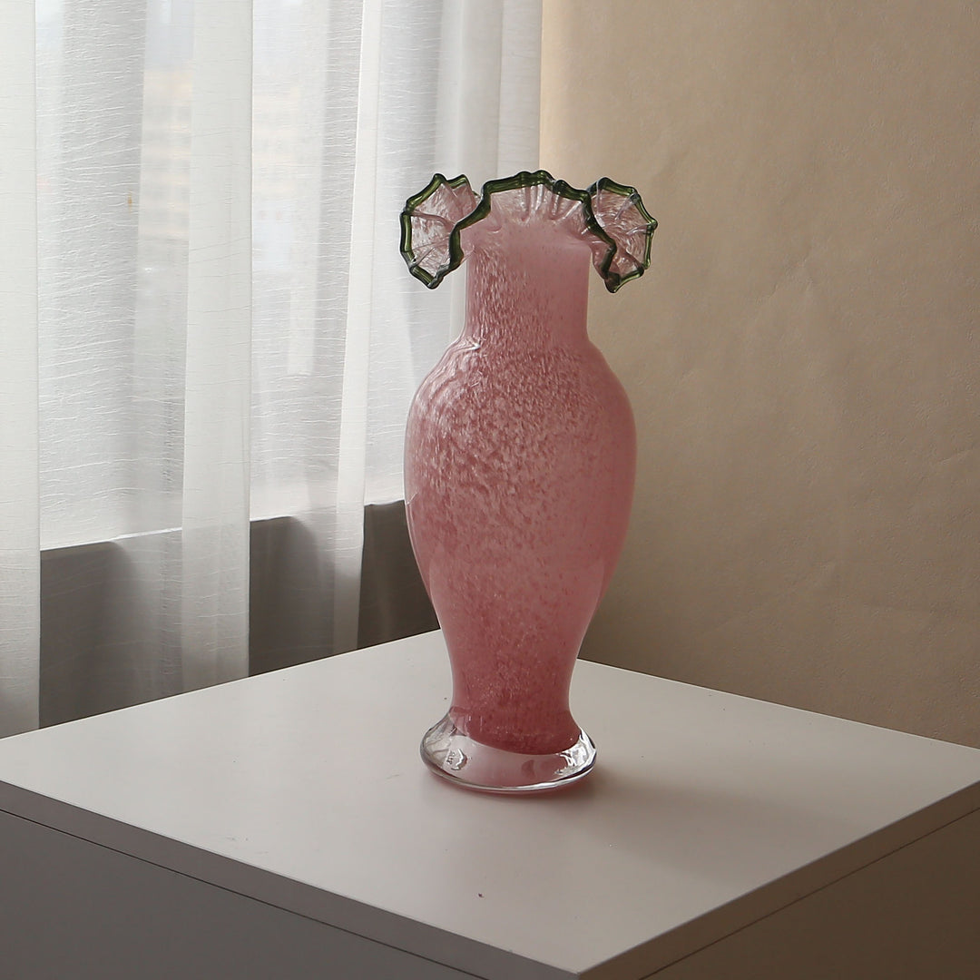 Hand-Blown Ruffled-Rim Tall Bulb Vase with Clear Weighted Foot