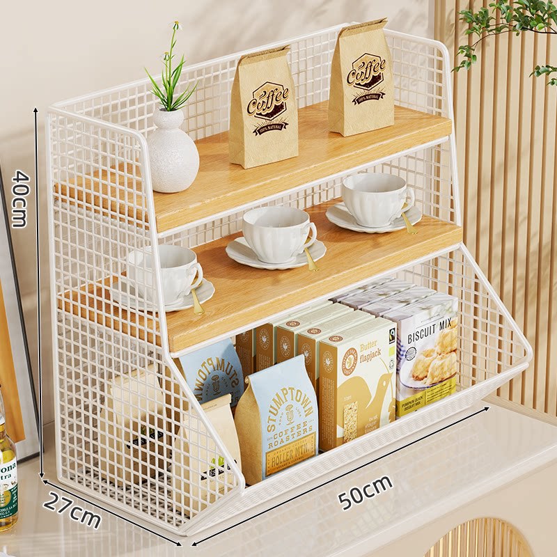 Kitchen Countertop Multi-Tier Wire Mesh Storage Organizer with Wooden Display Shelves