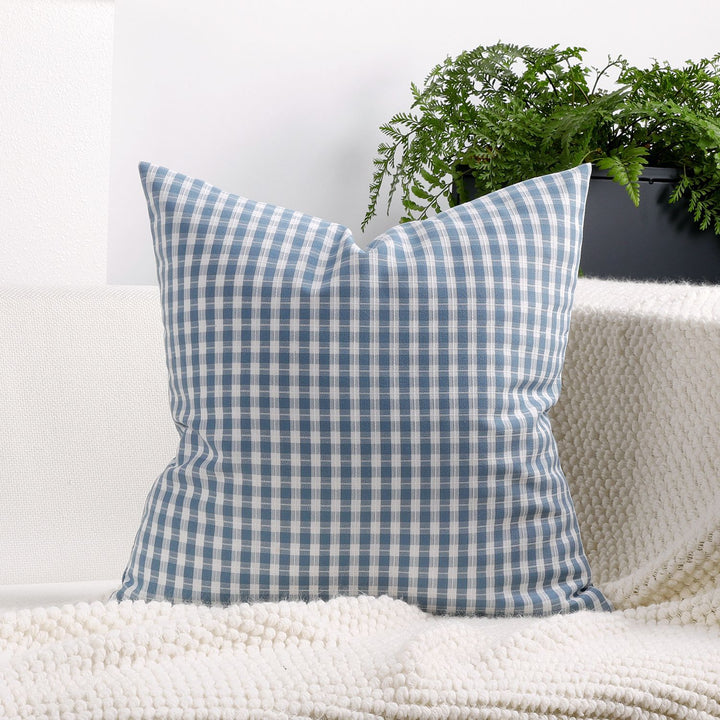 Gingham Check Cotton-Linen Square Throw Pillow Cover with Hidden Zipper
