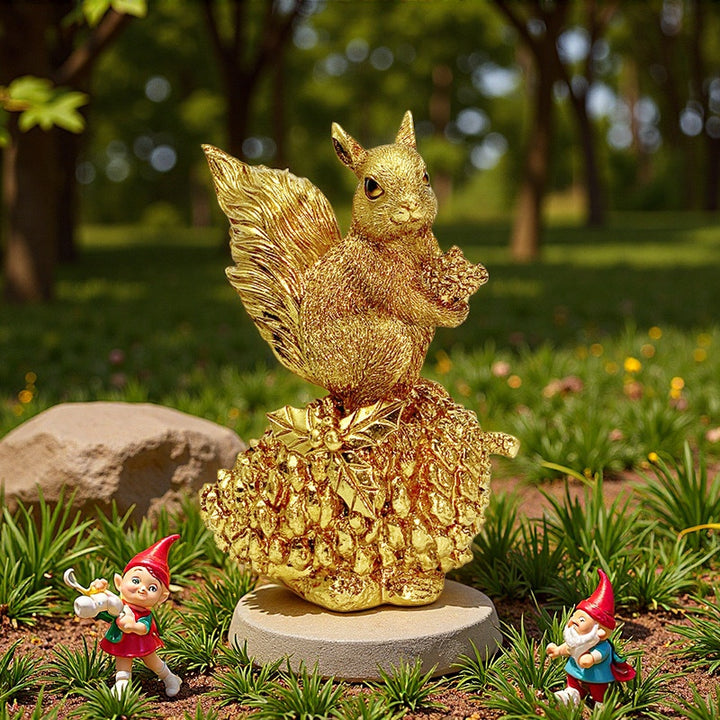 Decorative squirrel sculpture on a pine cone