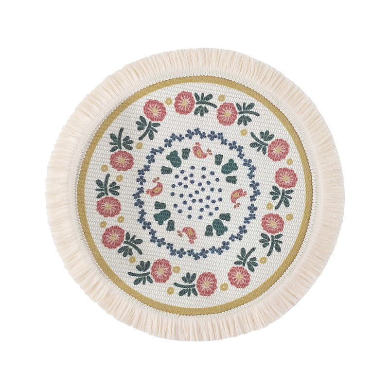 Round flat-woven cotton rug with mandala design and decorative fringes