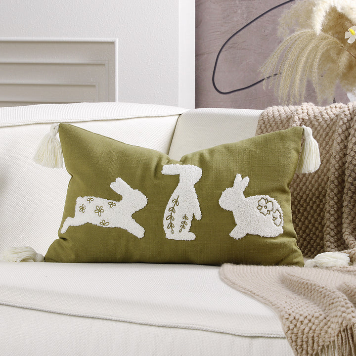 Decorative Lumbar Pillow Cover with Tufted Bunny Appliqués and Corner Tassels