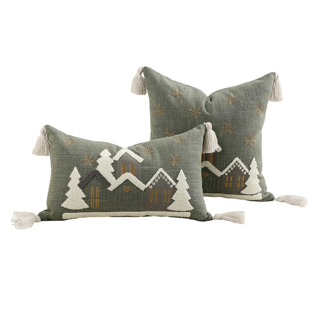 Festive Embroidered Snowy Village Tassel Throw Pillow Set