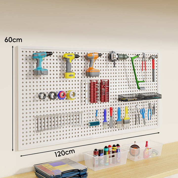 Heavy-Duty Wall-Mounted Perforated Steel Pegboard Tool Organizer with Modular Hooks and Shelf