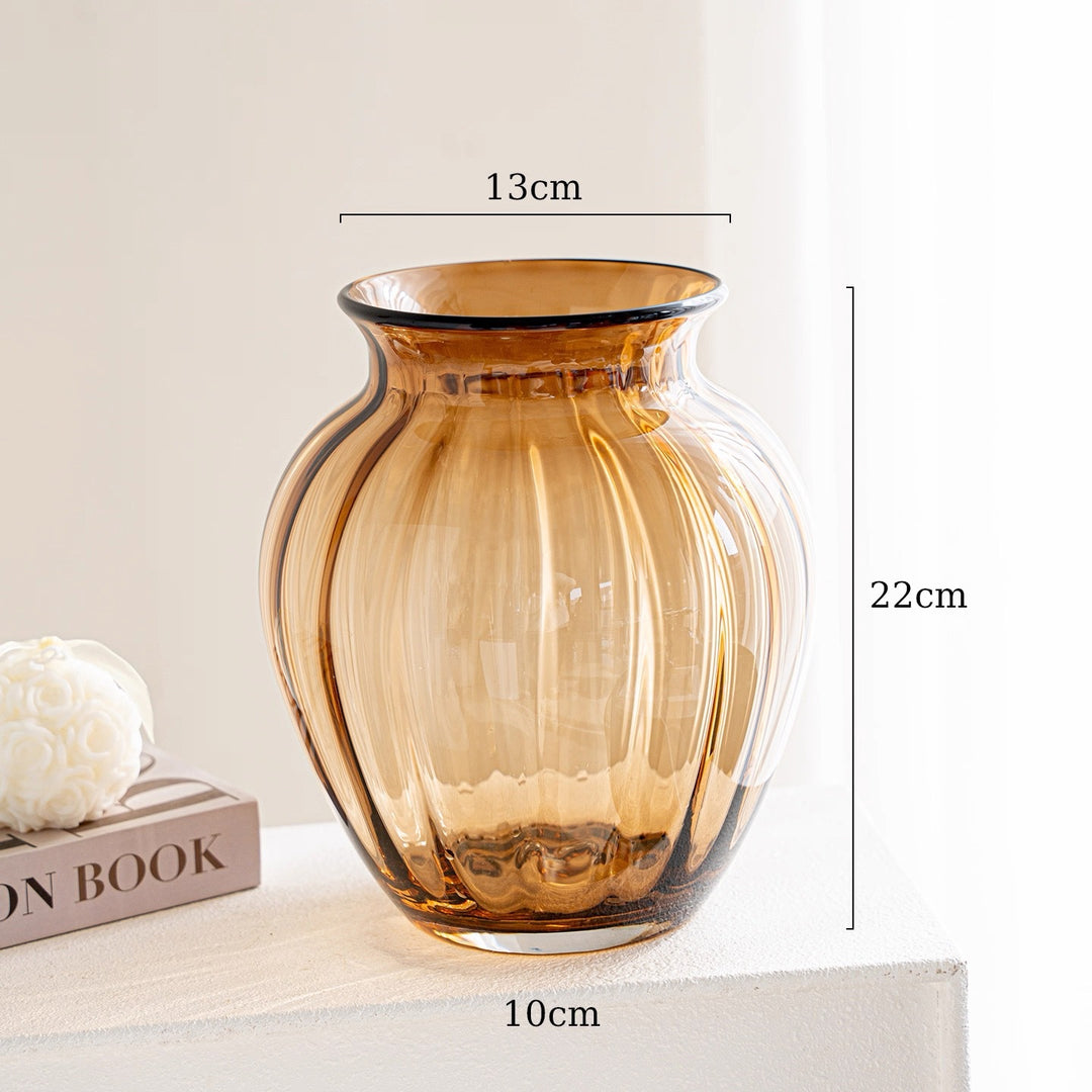 Compact Ribbed Hand-Blown Glass Tabletop Vase