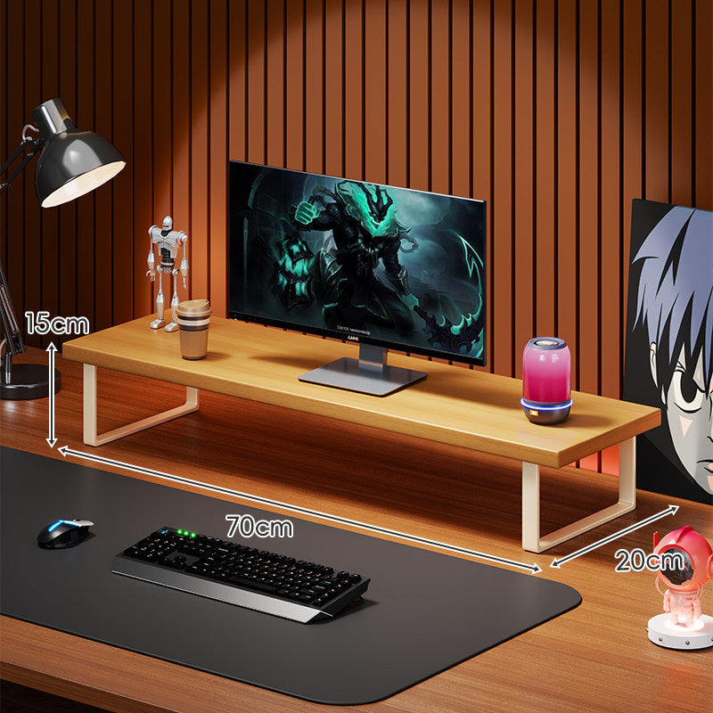 Elevated Wooden Monitor Riser Stand with Metal Bracket Legs and Cable-Friendly Desktop Shelf