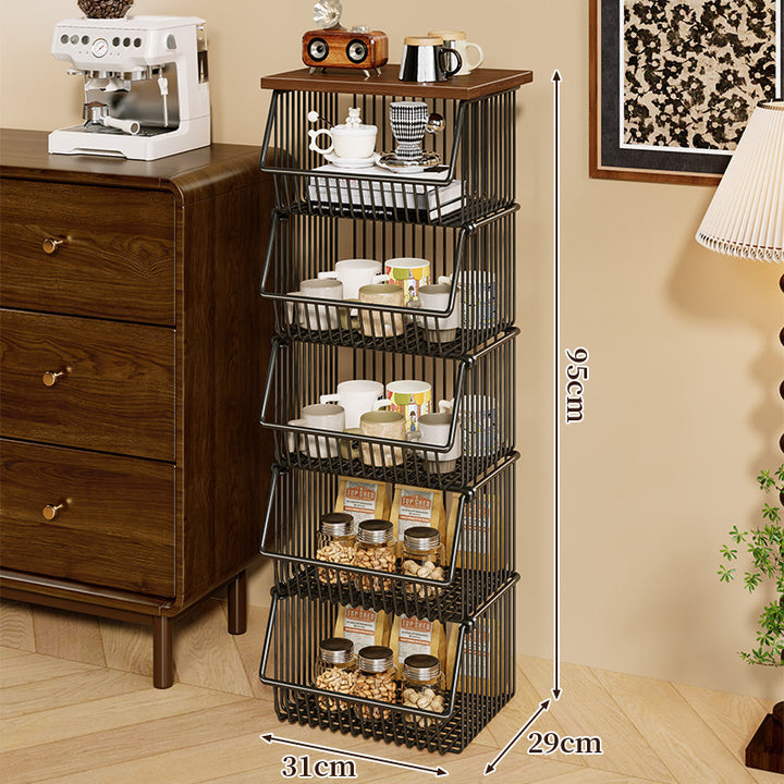 Mobile Four-Tier Kitchen Pantry Organizer Cart with Wood Top and Rolling Wire Baskets