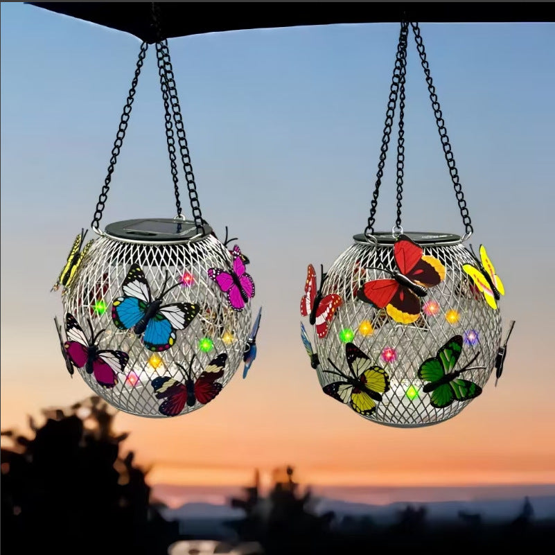 Weatherproof hanging solar LED lanterns for outdoor use with metal cage, warm glass, and hanging chain