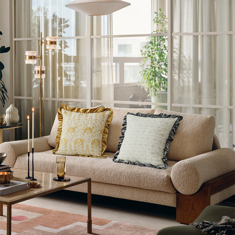 Square decorative pillow in Baroque style with velvet ruffle and putto jacquard