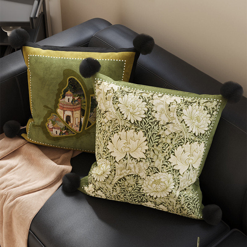 Decorative Velvet Throw Pillow Cover with Cat Silhouette and Corner Pom-Poms