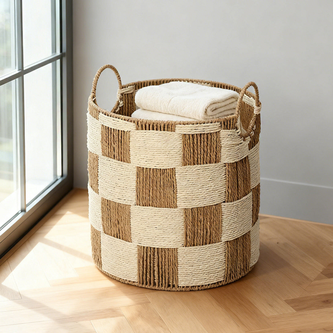 Handcrafted storage basket with carry handles
