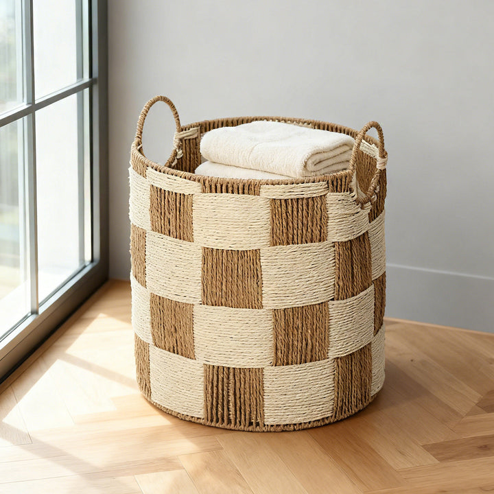Handcrafted storage basket with carry handles