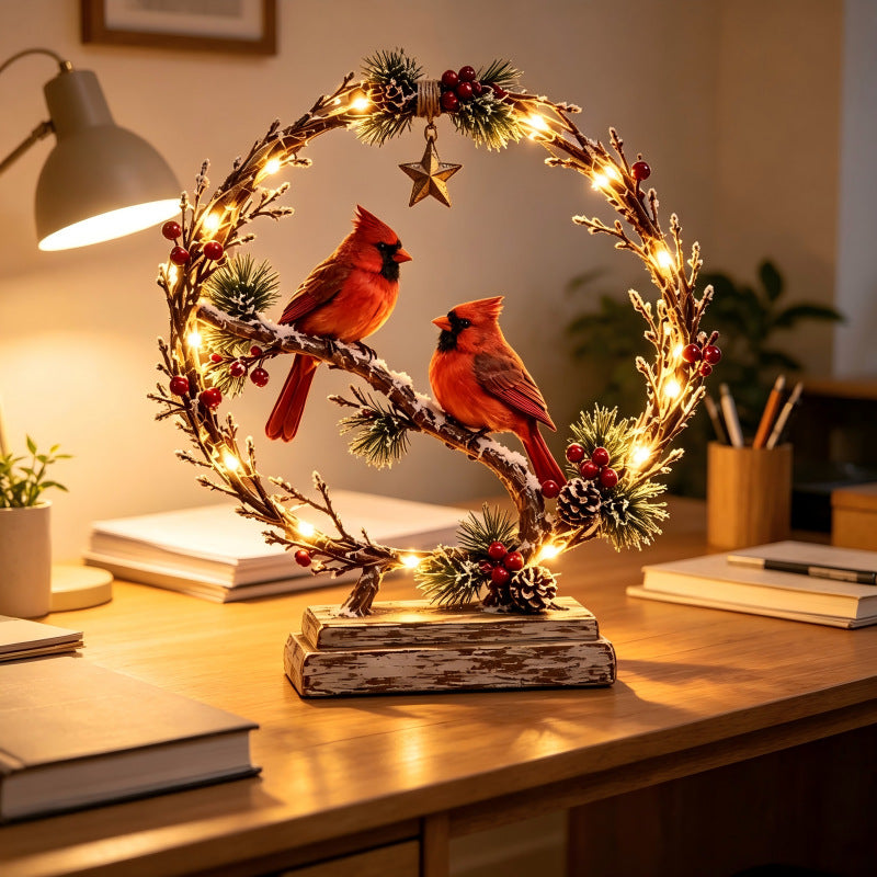 Decorative Christmas wreath with lights and birds