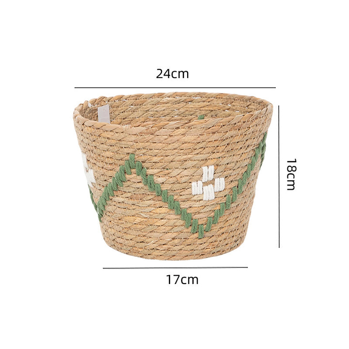 Handwoven storage basket with colorful accents