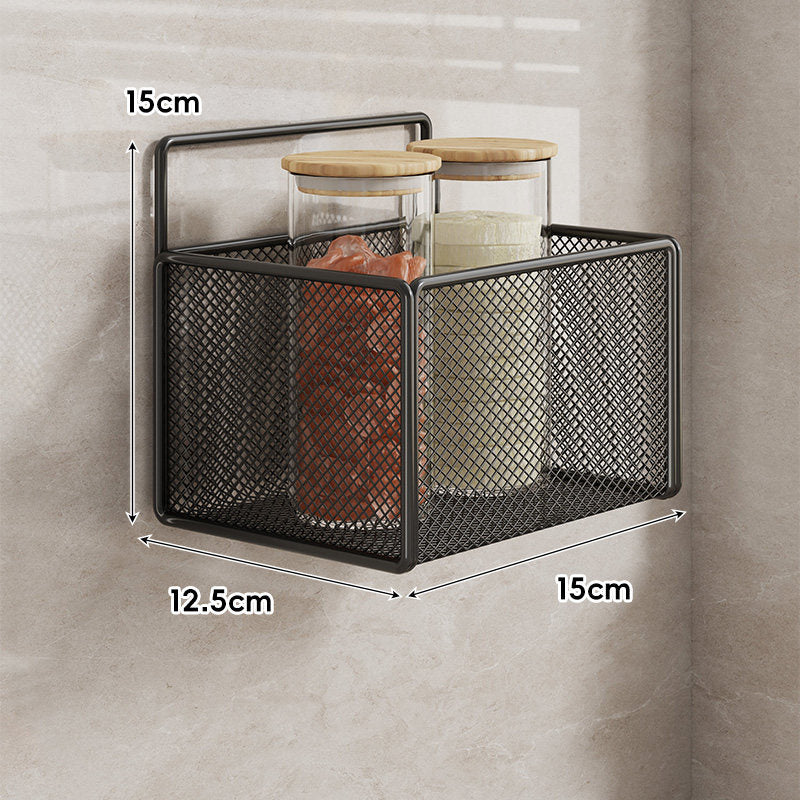 Wall-Mounted Mesh Multi-Purpose Kitchen Shelf with Hooks and Ventilated Basket