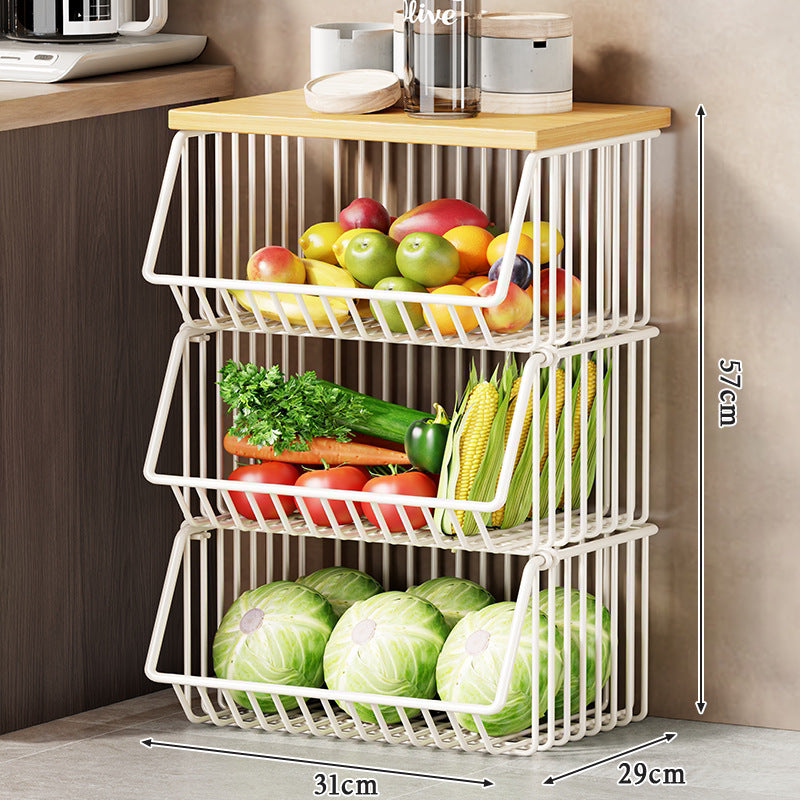 Vertical Five-Tier Rolling Kitchen Produce Storage Cart with Wooden Top and Pull-Out Wire Baskets
