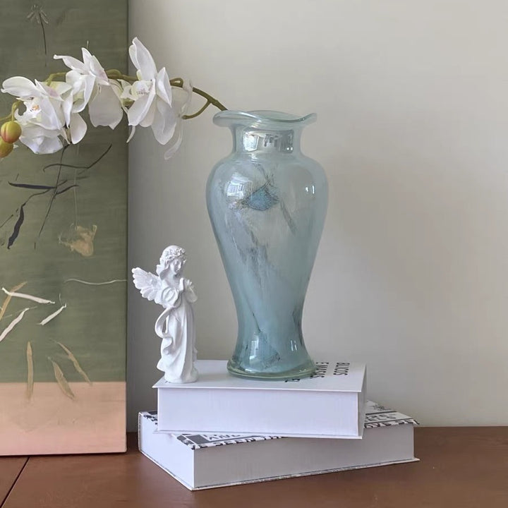 Hand-Blown Swirl Art Glass Decorative Bud Vase with Flared Lip and Textured Inclusions