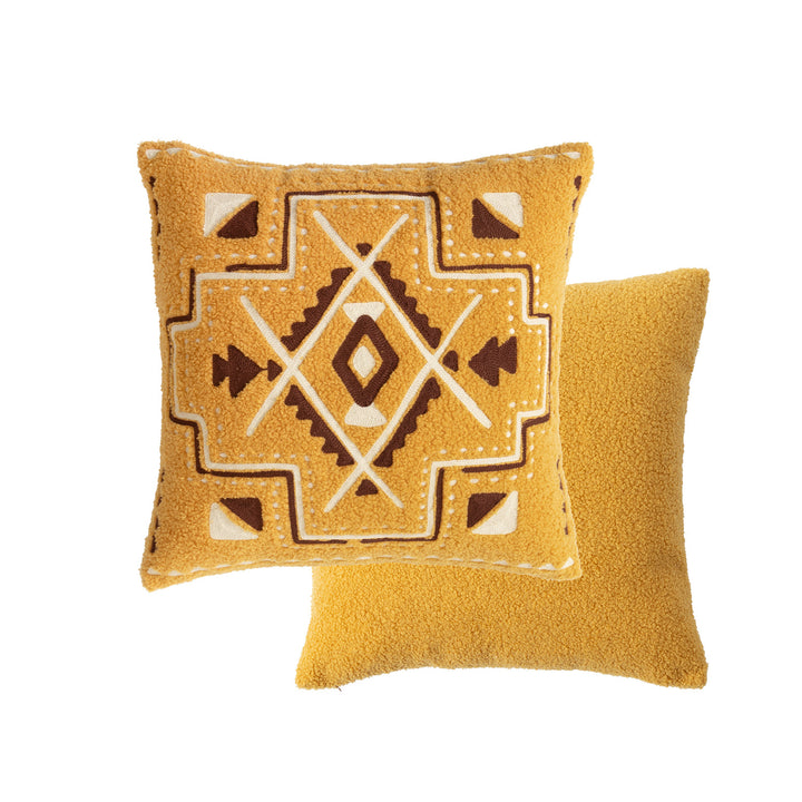 Bouclé pillow with hand-stitched ethnic design and removable cover