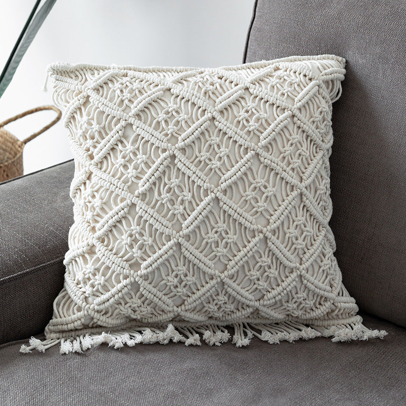 Round Macrame Decorative Pillow with Hand-Knotted Cotton Cover and Fringes
