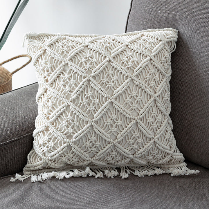 Round Macrame Decorative Pillow with Hand-Knotted Cotton Cover and Fringes