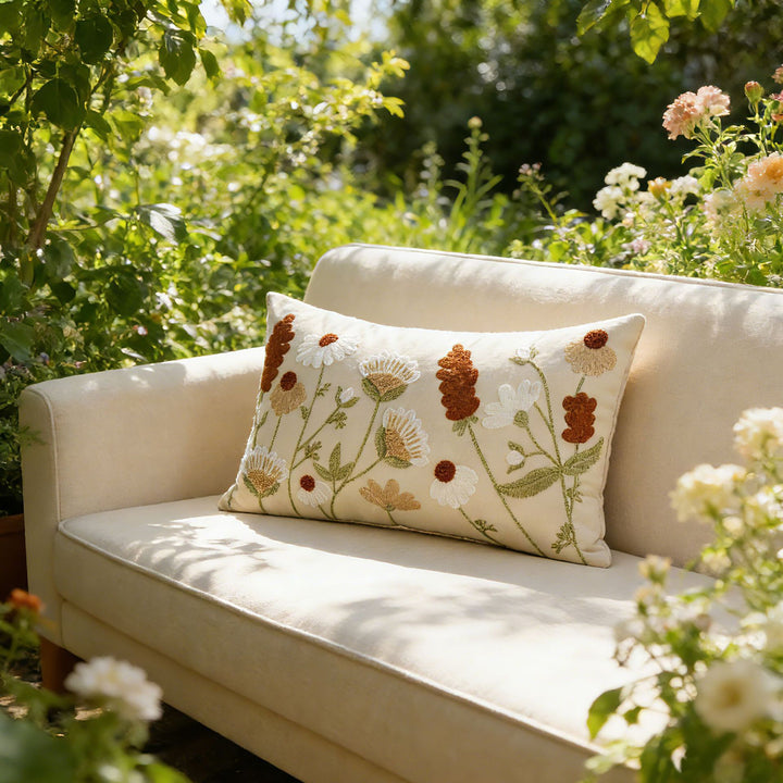 Embroidered Floral Lumbar Pillow Cover