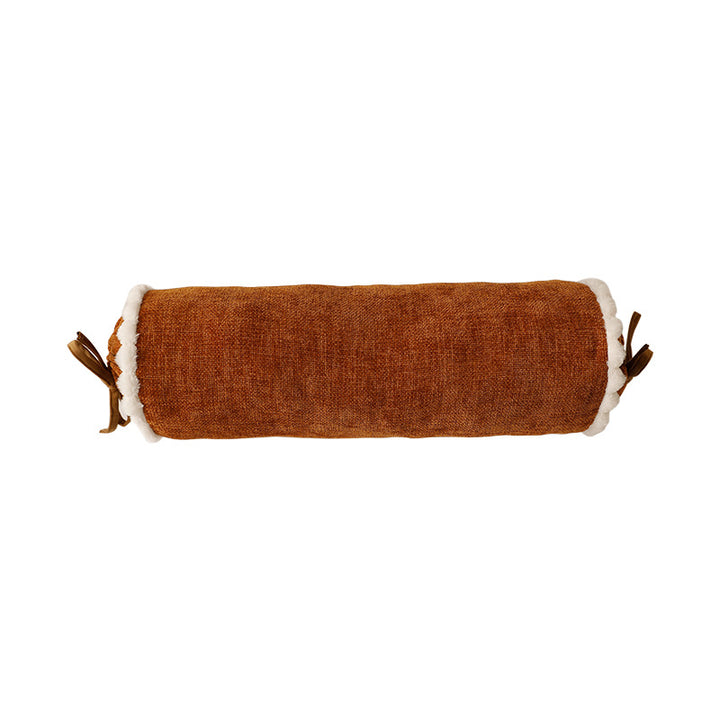 Cylindrical lumbar and neck pillow with velvety chenille surface and crocheted trim