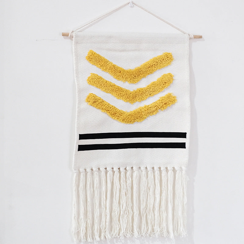 Hand-woven wall hanging and table runner made of cotton blend with geometric staircase pattern and long fringes