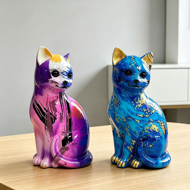 Artistic cat figurine in vibrant design