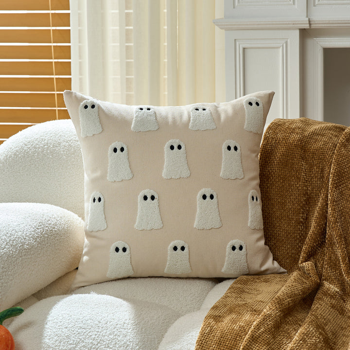 Tufted Chenille Ghost Appliqué Square Cushion Cover with Hidden Zipper