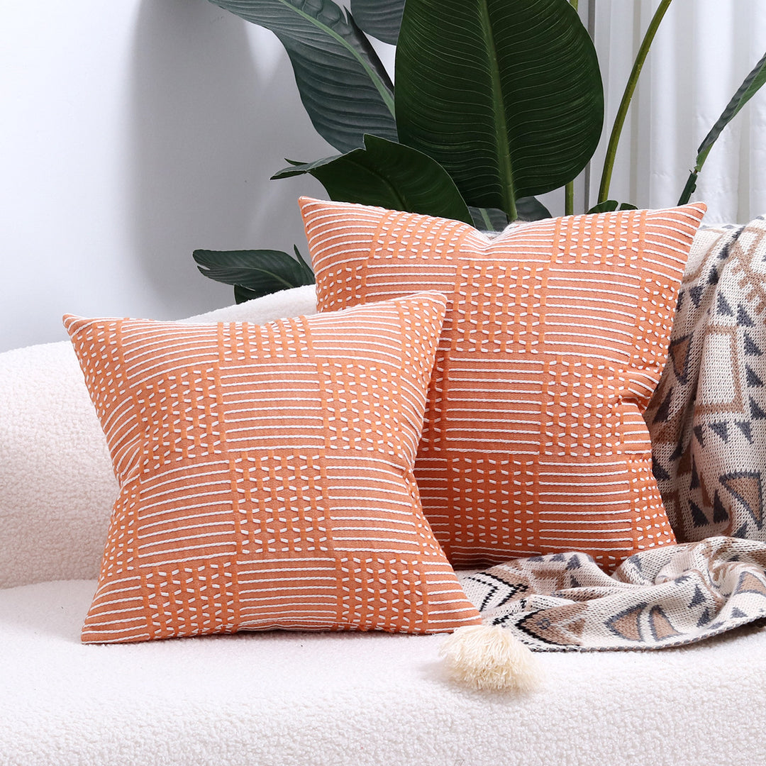 Stitched Geometric Cotton-Linen Square Throw Pillow Cover with Hidden Zipper
