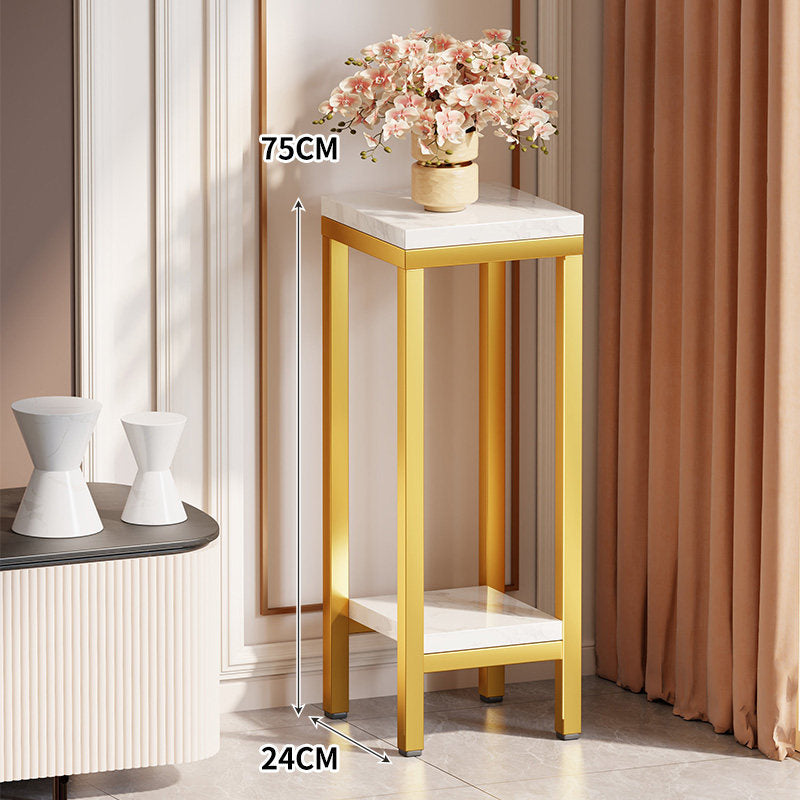 Tall Narrow Marble-Top Plant Stand Side Table with Lower Shelf and Gold Metal Frame