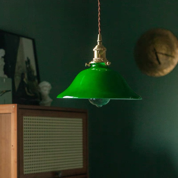 Banker-Style Glass Pendant Light with Brass Socket and Twisted Fabric Cord
