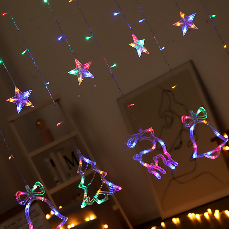 LED Acrylic Hanging Christmas Curtain Light Set with Reindeer Tree Bell and Star Ornaments