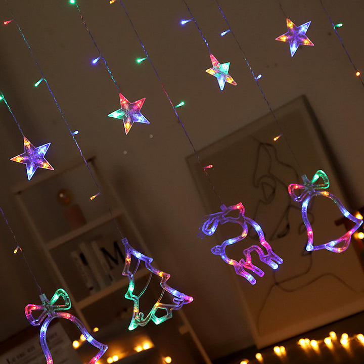 LED Acrylic Hanging Christmas Curtain Light Set with Reindeer Tree Bell and Star Ornaments