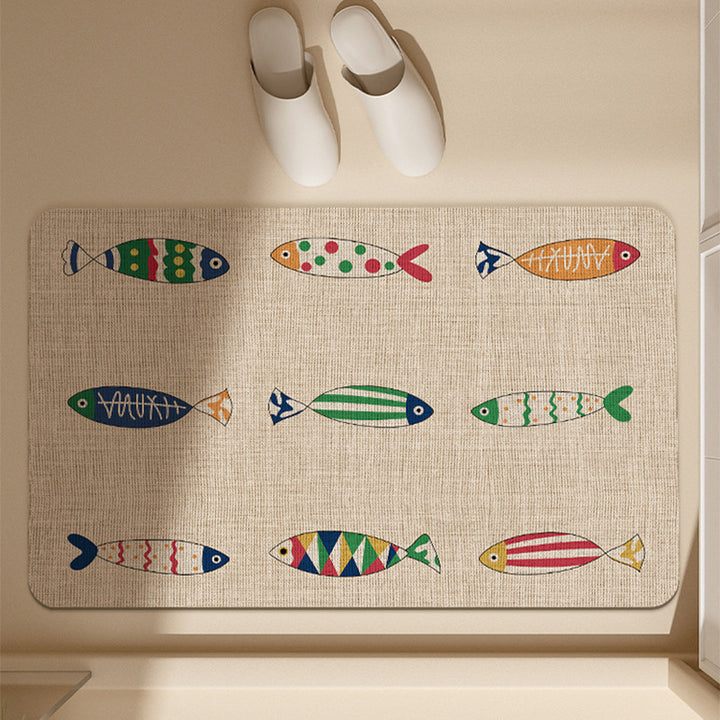 Absorbent Low-Profile Jute-Texture Fish Pattern Entrance & Bath Mat