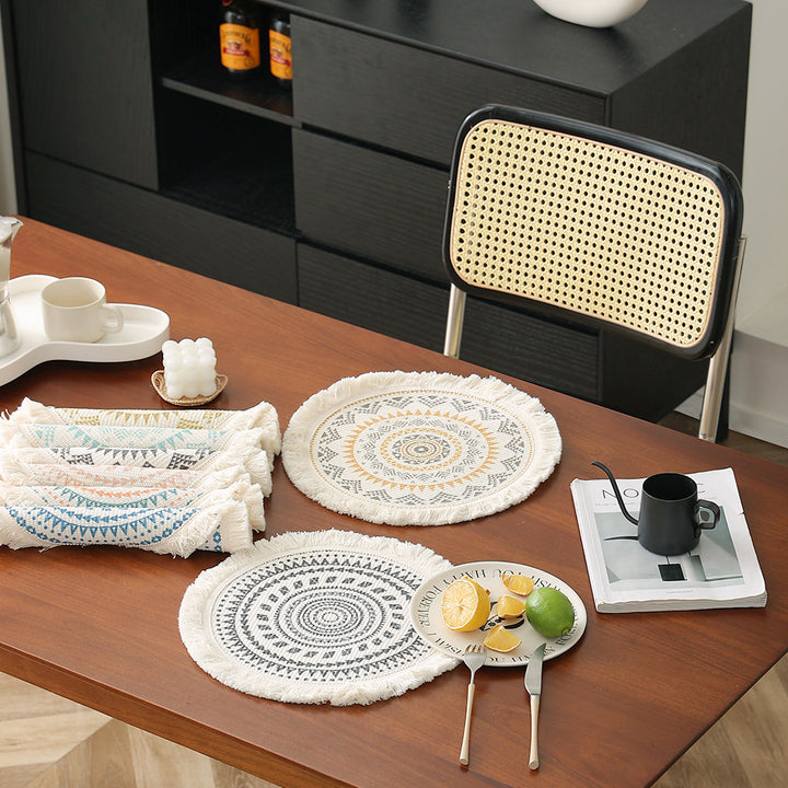 Round woven table placemat with fringe edge and mandala jacquard