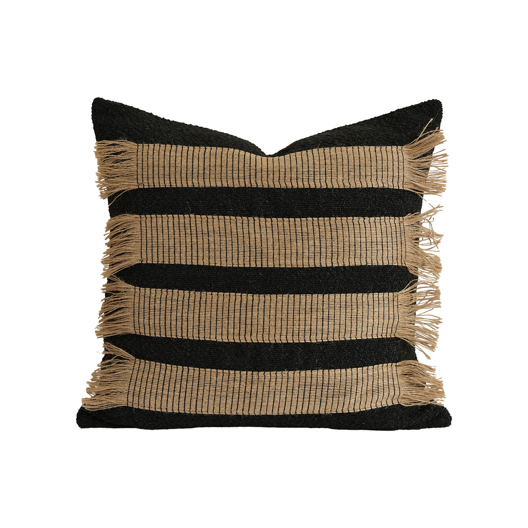 Rectangular decorative cushion with fringes and woven stripes