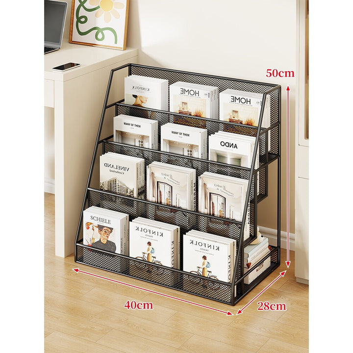 Angled Mesh Rolling Magazine and Book Display Shelf with Locking Casters