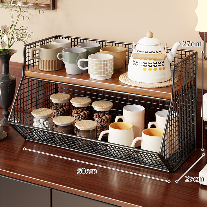 Two-Level Angled Wire Mesh Countertop Organizer with Wood-Effect Top Shelf and Front Drop Bins